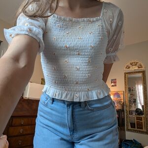 Altar'd State White Floral Smocked Blouse